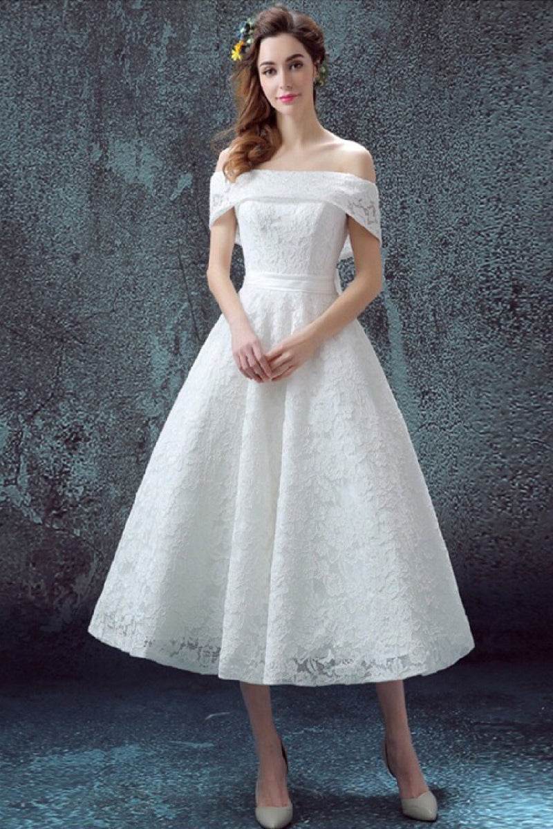 A-Line Tea Length Lace Wedding Dress 658269300525 - COCOMELODY